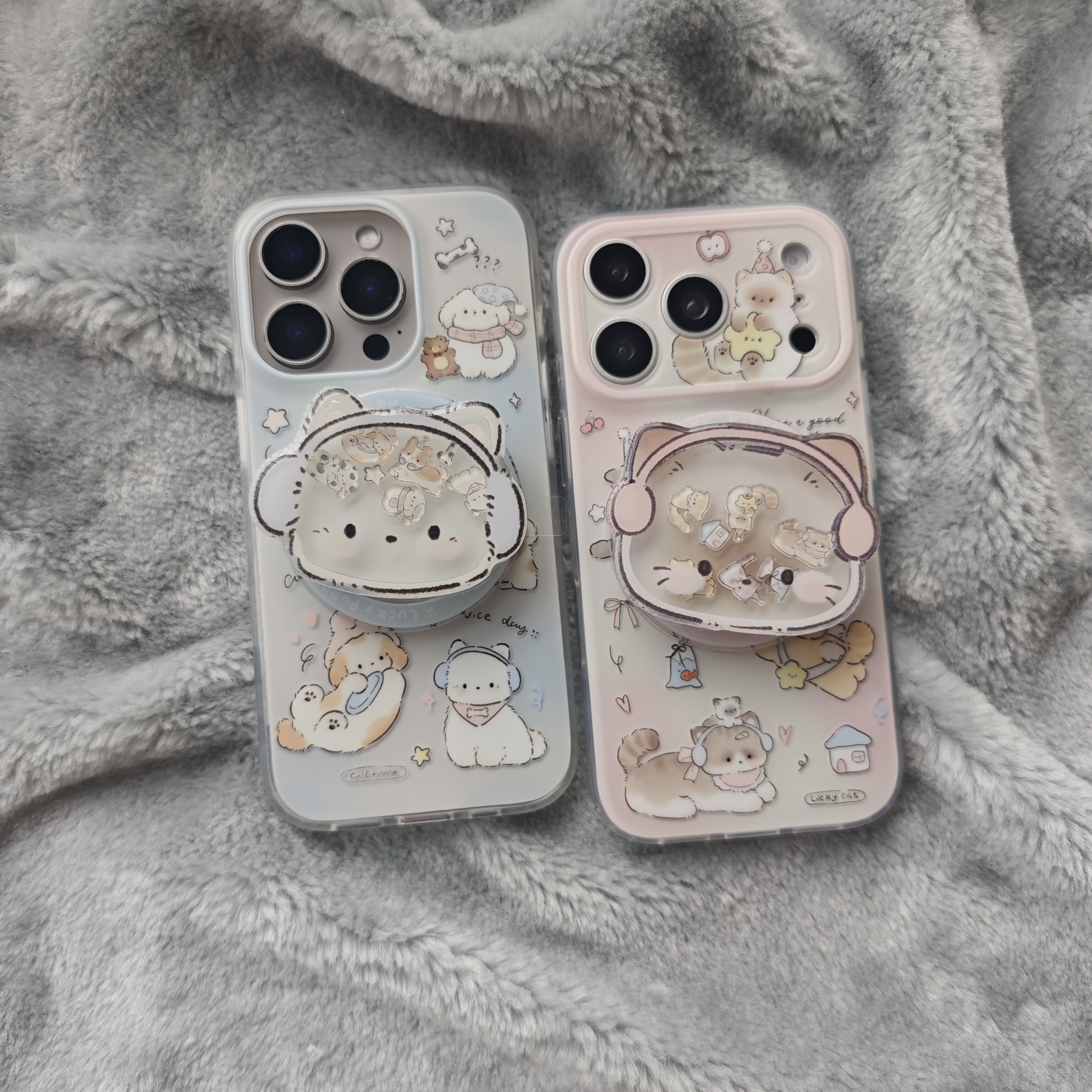 IMD磁吸卡通可爱蓝粉晕染耳机猫咪狗狗手机壳适用iPhone17promax大孔防摔苹果16磨砂15趣味创意14支架13少女