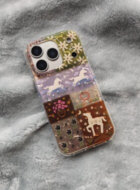 圆弧气囊IMD韩系可爱2026马年春日拼接花朵小马手机壳适用iPhone17promax大孔防摔苹果16亮面15趣味14创意13