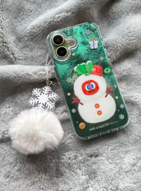 圆弧气囊IMD卡通可爱绿色锡纸纹雪人卜卜手机壳适用iphone17promax大孔防摔苹果16亮面15趣味创意14挂件13新