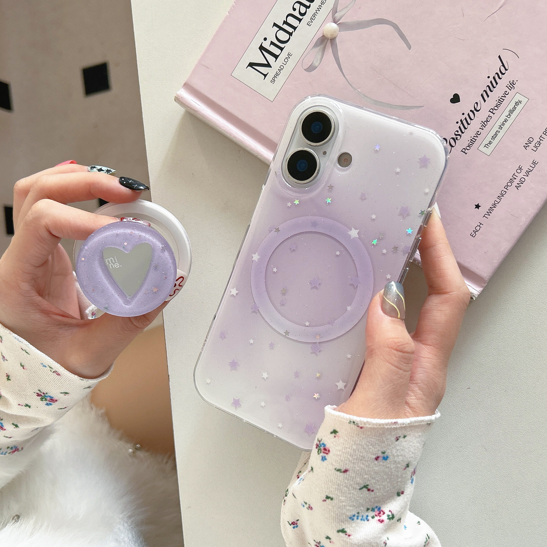 IMD磁吸时尚简约闪粉晕染紫色星星手机壳适用iPhone17promax大孔防摔苹果16亮面15趣味创意14爱心镜子支架13