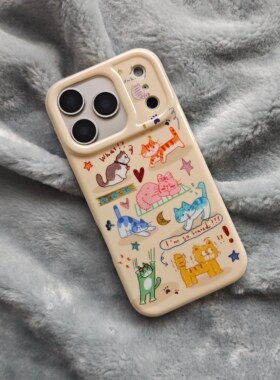 IMD卡通可爱奶黄色涂鸦多只猫咪手机壳适用iPhone17promax大孔防摔苹果16亮面15趣味创意14搞怪13少女心新款