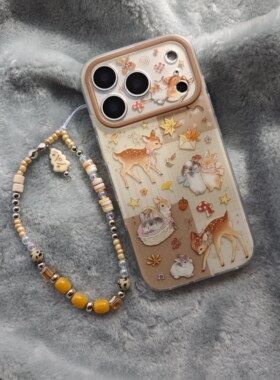 IMD卡通可爱秋冬咖色拼接枫叶麋鹿兔子手机壳适用iPhone17promax个性防摔苹果16磨砂15趣味创意14手链13萌系