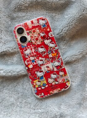 IMD日韩卡通可爱红色拼接满屏kitty猫手机壳适用iPhone17promax个性防摔苹果16亮面15趣味创意14少女心13呆萌