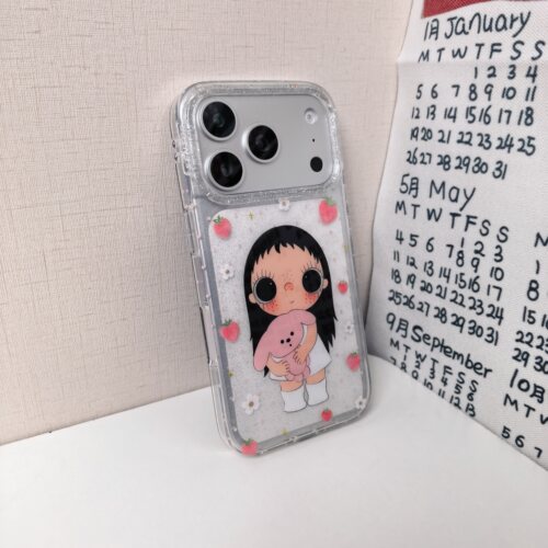 闪粉框草莓花朵抱兔子小玉手机壳