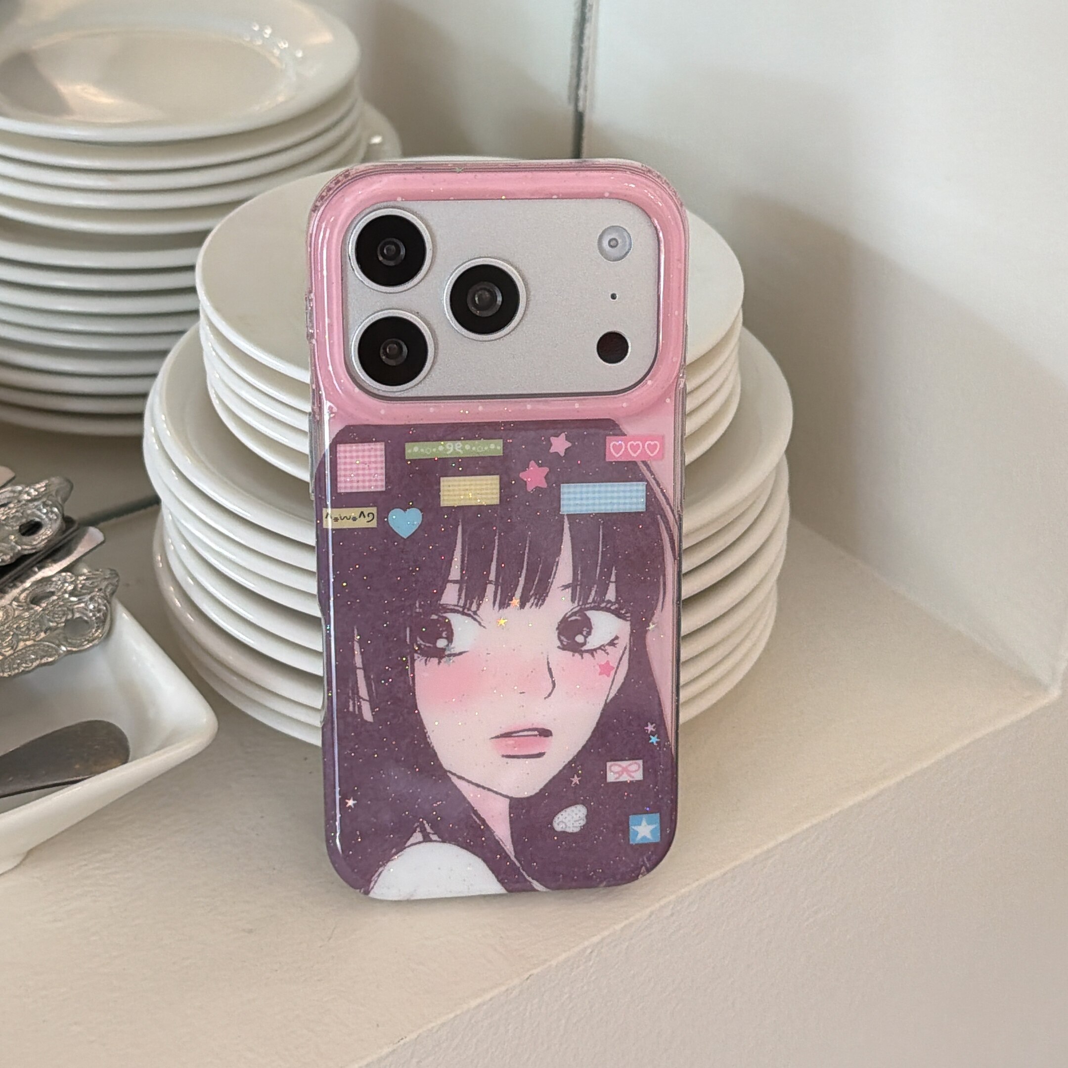 IMD卡通可爱动漫二次元少女细闪古早风爽子手机壳适用iPhone17promax大孔防摔苹果16亮面15趣味创意14甜美13