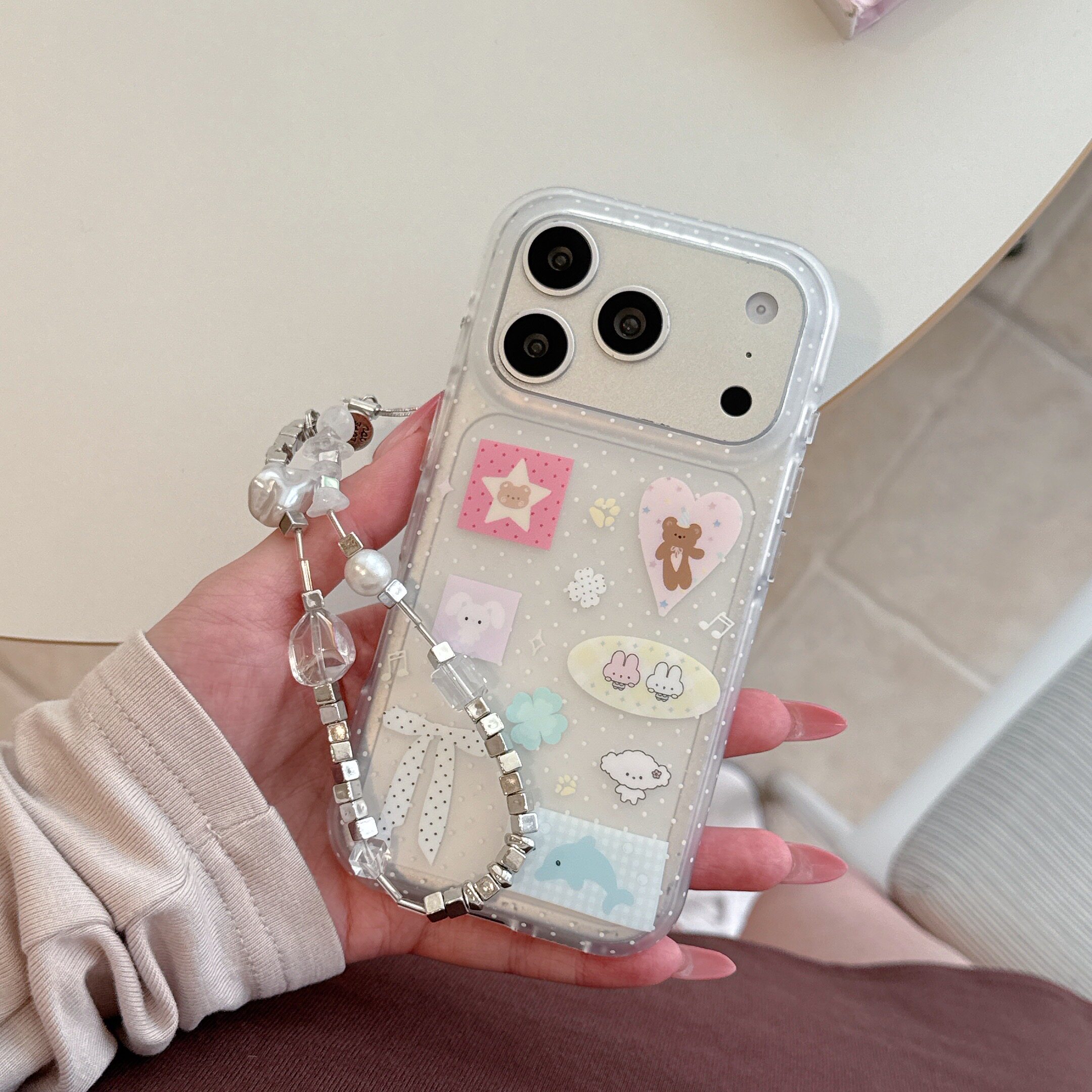 圆弧气囊IMD卡通可爱波点海豚蝴蝶结插画手机壳适用iphone17promax大孔防摔苹果16磨砂15趣味创意14手链13新