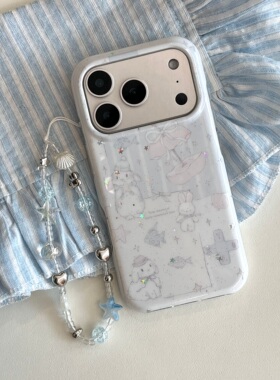 IMD卡通可爱闪粉小兔和小鱼手机壳适用iPhone17promax大孔防摔苹果16亮面15趣味创意14带手链13少女心萌系