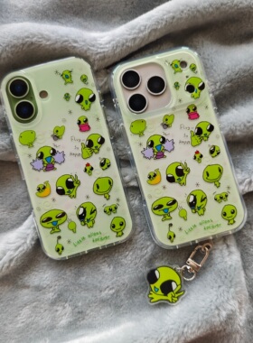 圆弧气囊IMD卡通可爱绿色满屏搞怪外星人手机壳适用iphone17promax大孔防摔苹果16亮面15趣味创意14挂件13新