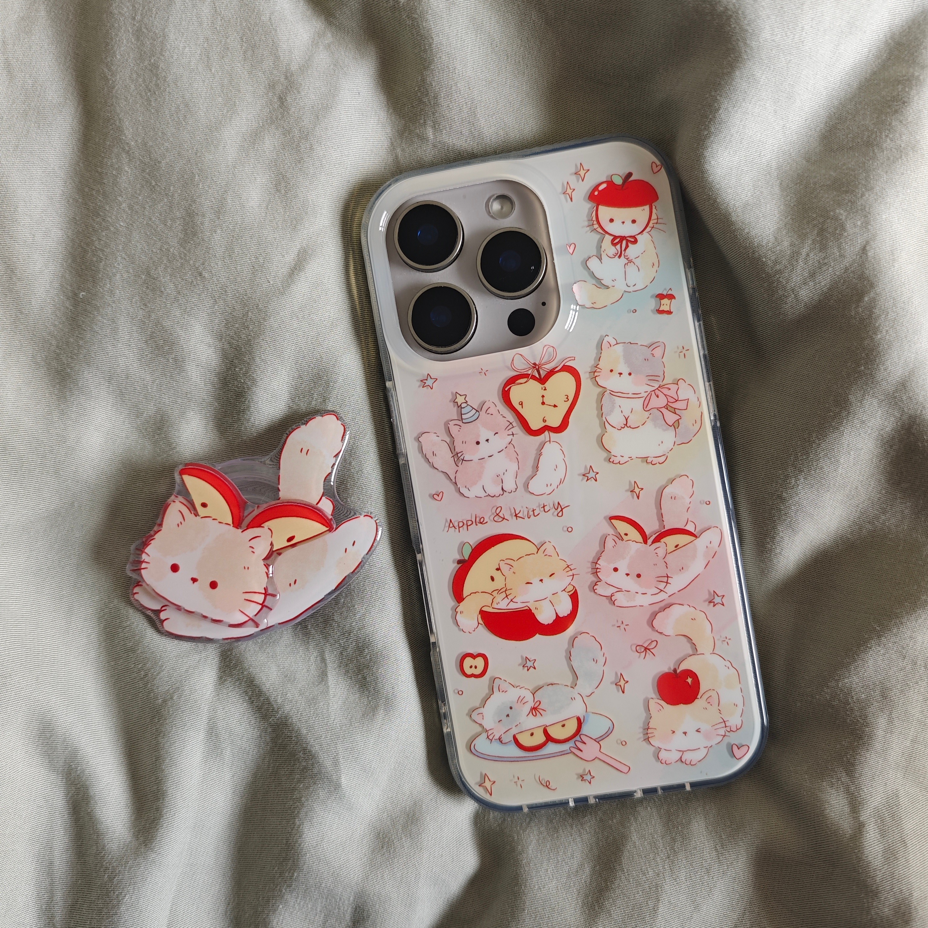 IMD清新可爱红色苹果猫咪手机壳适用iphone16promax大孔防摔苹果15女生14亮面13支架硬壳软边时尚个性夏日韩