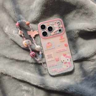 IMD卡通可爱蓝粉格纹草莓蛋糕kitty猫手机壳适用iPhone17promax个性防摔苹果16亮面15趣味创意14手链13少女心