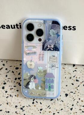 二合一蓝边双层印花imd拼接复古小狗蜡烛17手机壳适用iphone16promax大孔防摔苹果15磨砂14男女13个性高级感