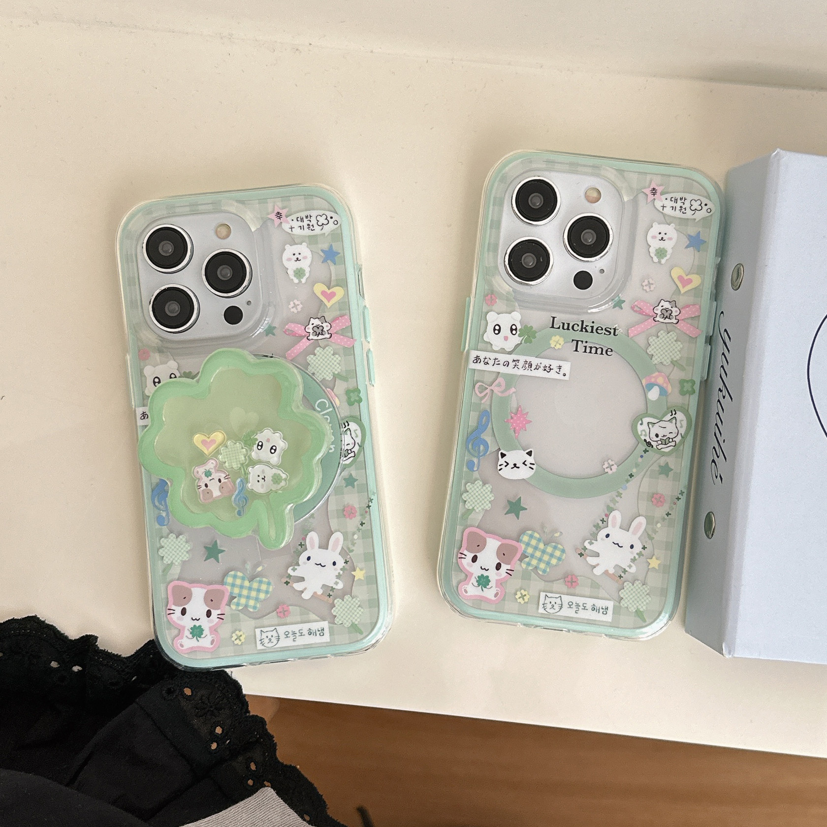 二合一绿边双层imd卡通镂空格纹四叶草棉花糖猫咪手机壳适用iph