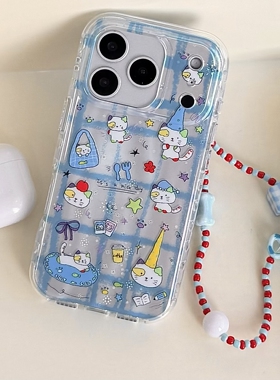 圆弧气囊IMD卡通可爱蓝色格子猫咪小怪手机壳适用iPhone17promax大孔防摔苹果16亮面15趣味创意14手链13个性