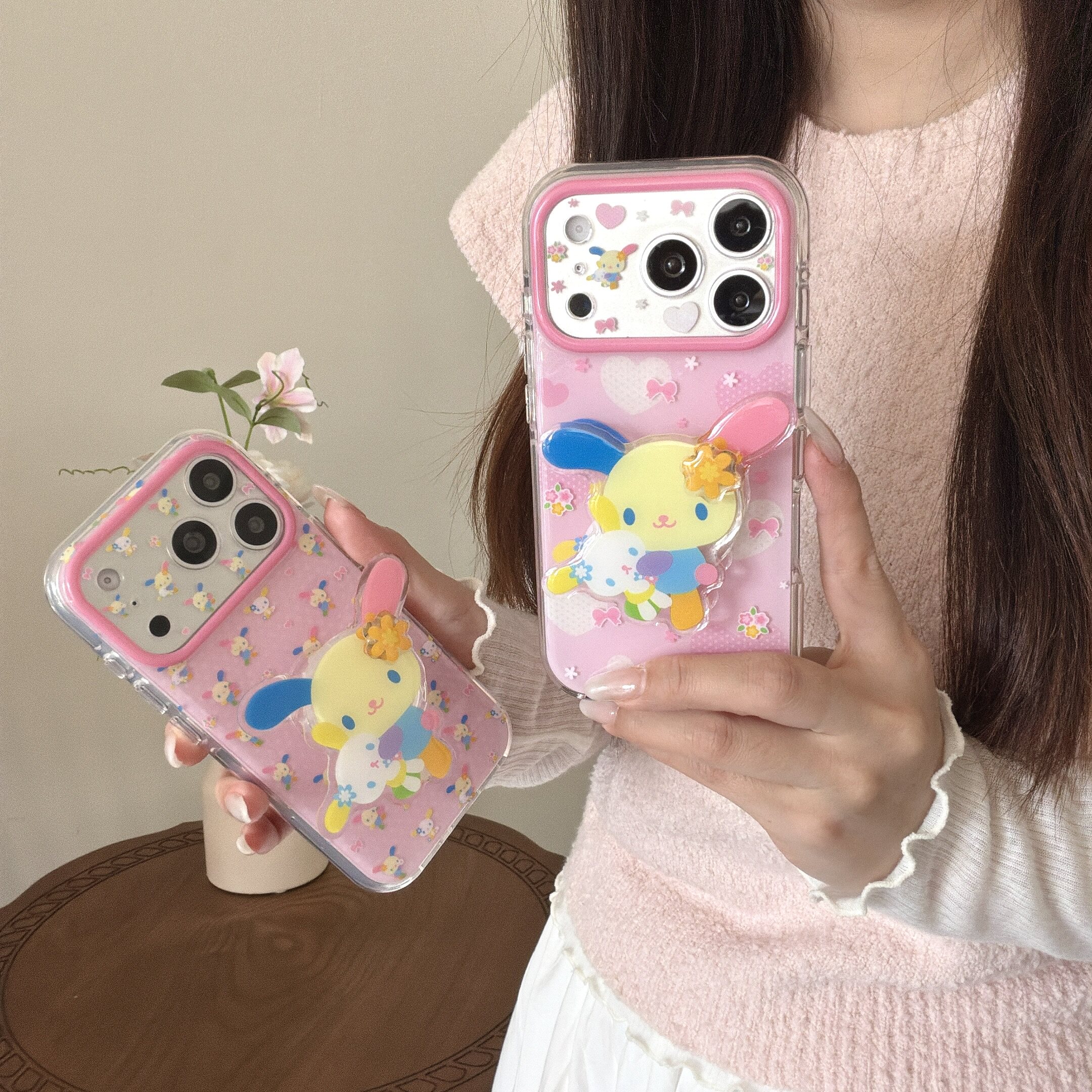可爱粉色爱心波点花小兔手机壳
