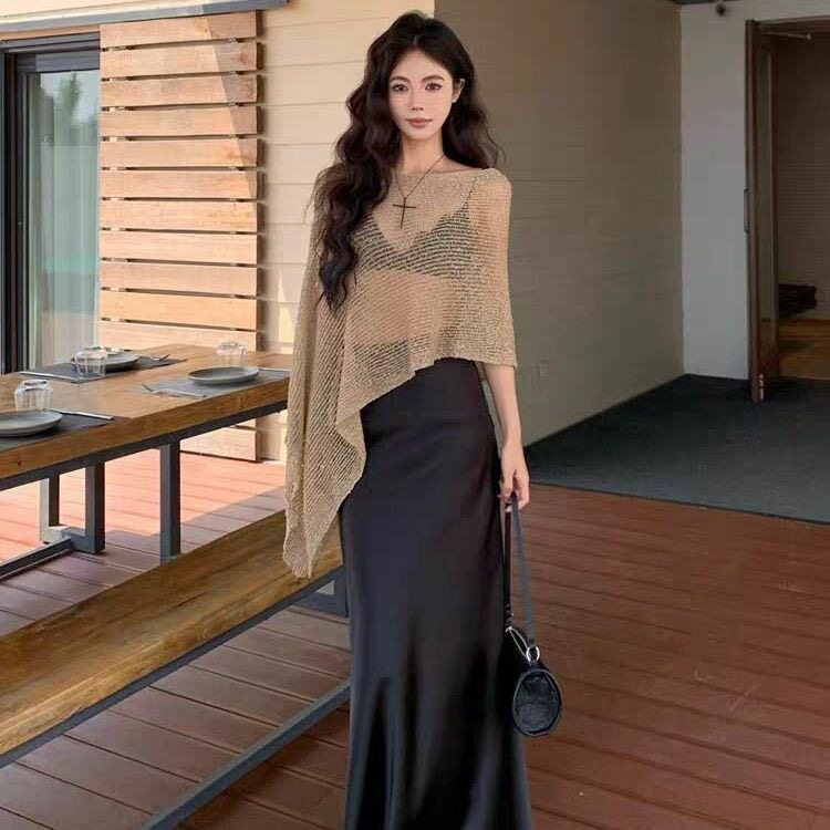 辣妹金色一片式多种穿法针织衫女夏设计感不规则薄款微透防晒披肩
