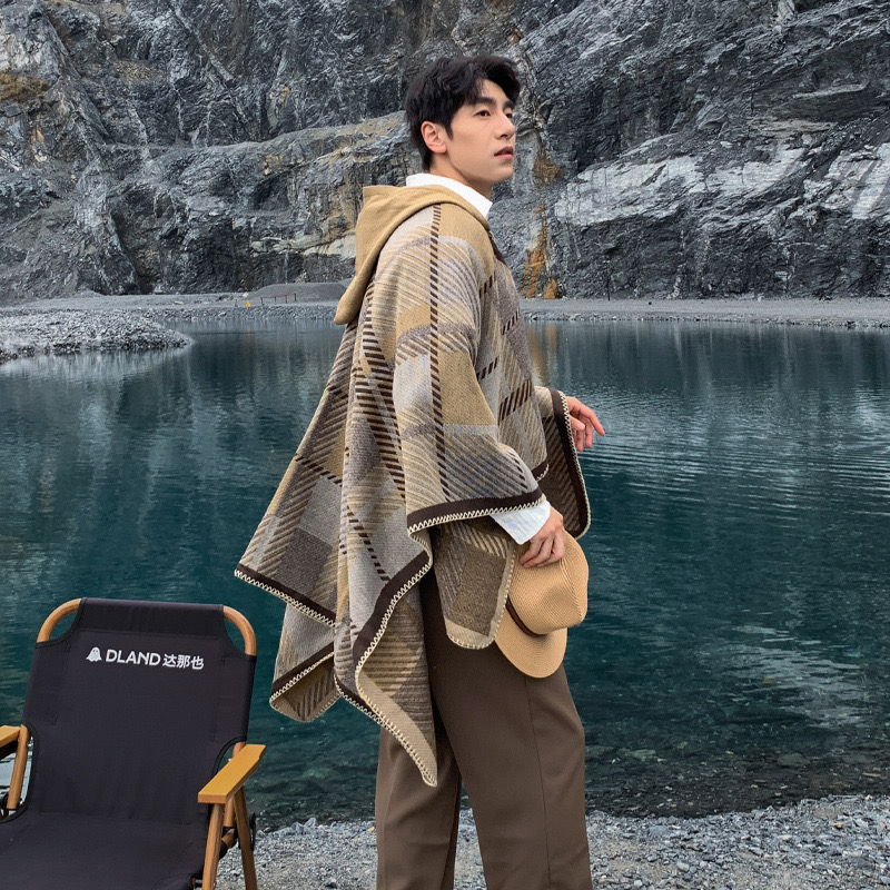 新款保暖加厚旅游景区格子仿羊绒披肩休闲百搭英伦格子斗篷开衩巾