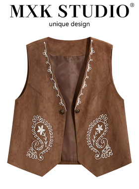 重工刺绣鹿皮绒马甲女士秋季波西米亚宽松叠穿坎肩背心无袖上衣