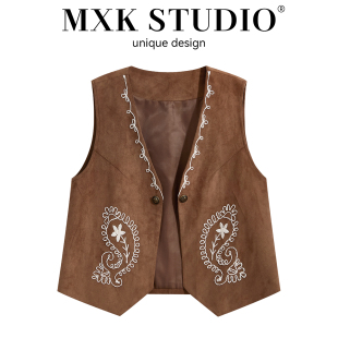 重工刺绣鹿皮绒马甲女士秋季 上衣 波西米亚宽松叠穿坎肩背心无袖