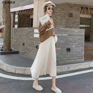 百搭秋天配毛衣毛线裙半身裙女针织遮胯A字高腰春子中长款显瘦厚