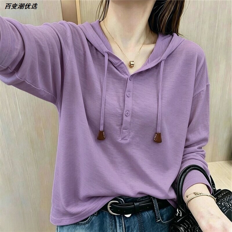 竹节棉春秋大码学院风小衫新款上衣休闲百搭T恤优质长袖时尚连帽