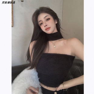 打底衫背心挂脖内搭水貂绒上衣抹胸女春秋毛衣吊带性感纯欲风无袖