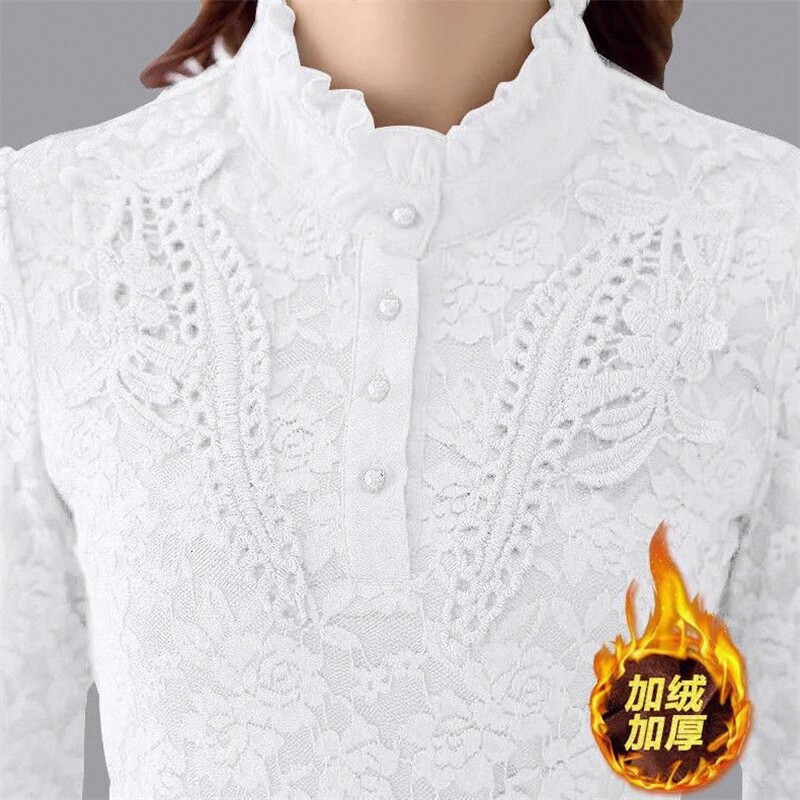 加绒加厚打底衫2025冬季装新款蕾丝衫加肥加大码女装修身上衣衬衫