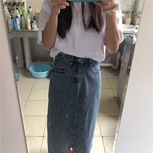 显瘦半身裙开叉复古学生牛仔高腰过膝裙子A字中长款港风女遮胯