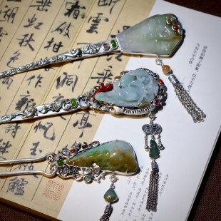 新国风原创订制发簪宫廷纯银镶嵌天然翡翠女复古簪子旗袍步摇发饰