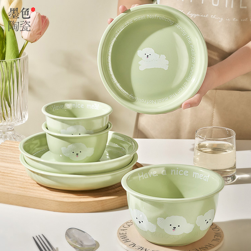 墨色原创可爱碗盘餐具陶瓷饭碗家用2023新款碗碟套装卡通儿童盘子