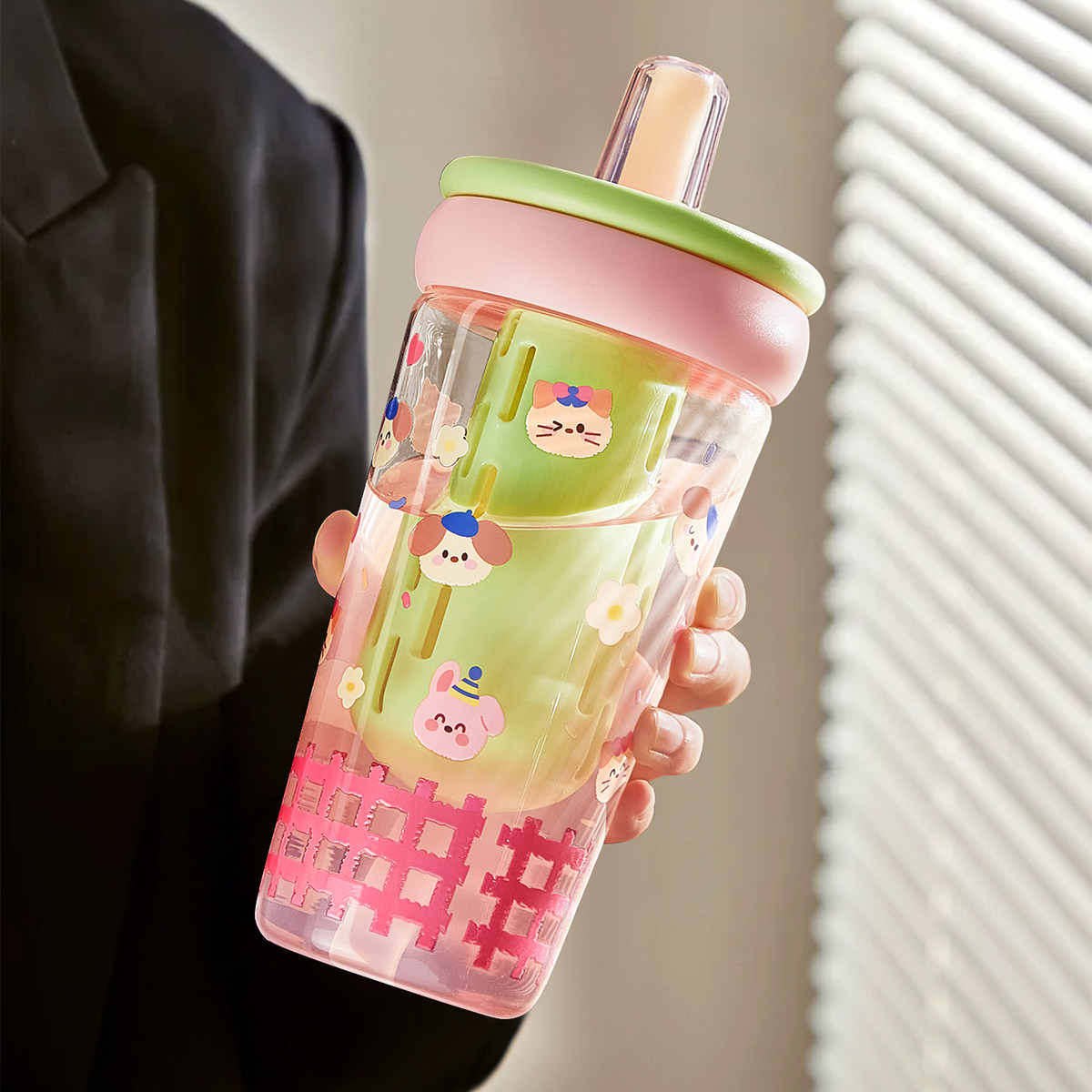 可爱高硼硅玻璃杯女生高颜值咖啡奶茶水杯茶水分离杯子带盖子吸管,餐饮具,玻璃杯,淘宝优惠券,粉丝福利购,淘宝优惠卷