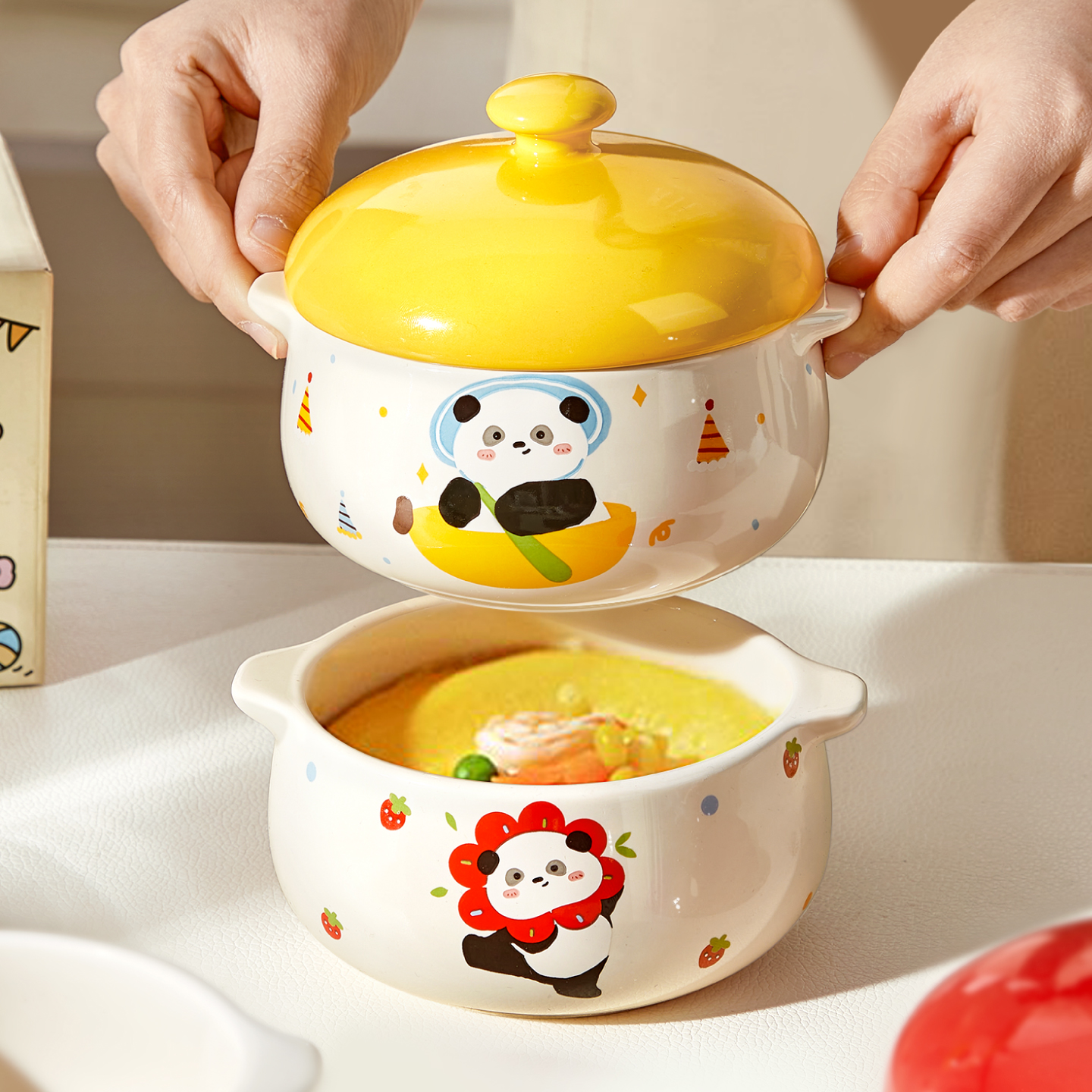 可爱陶瓷双耳蒸蛋碗蒸鸡蛋羹碗专用碗带盖炖盅家用隔水炖儿童蒸碗