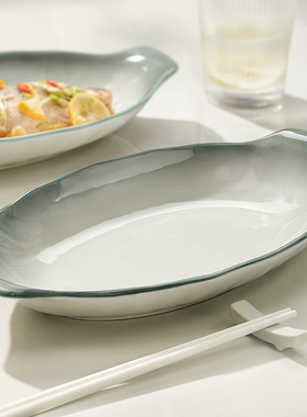 双耳陶瓷鱼盘家用2025新款蒸鱼盘子高级感鱼盆餐具鱼碗大号装鱼碟