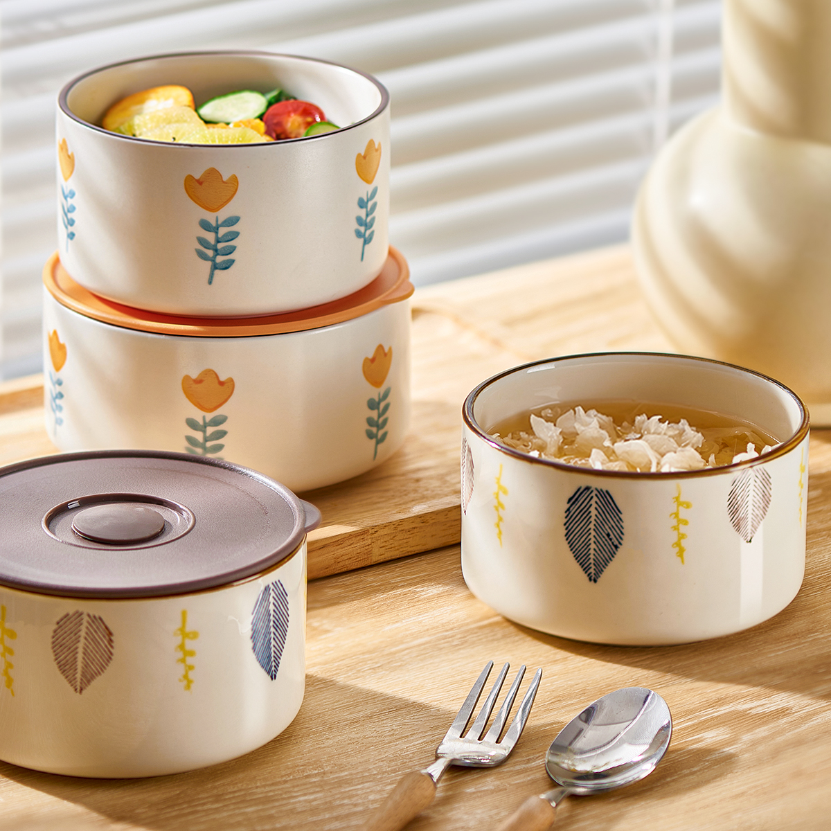 墨色可微波炉碗加热专用带盖碗陶瓷饭盒上班族水果便当密封保鲜盒