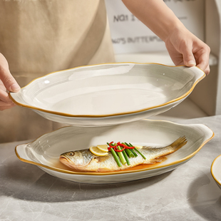 陶瓷鱼盘家用2026新款蒸鱼专用盘子高级感大号鱼碟子双耳鱼碗鱼盆