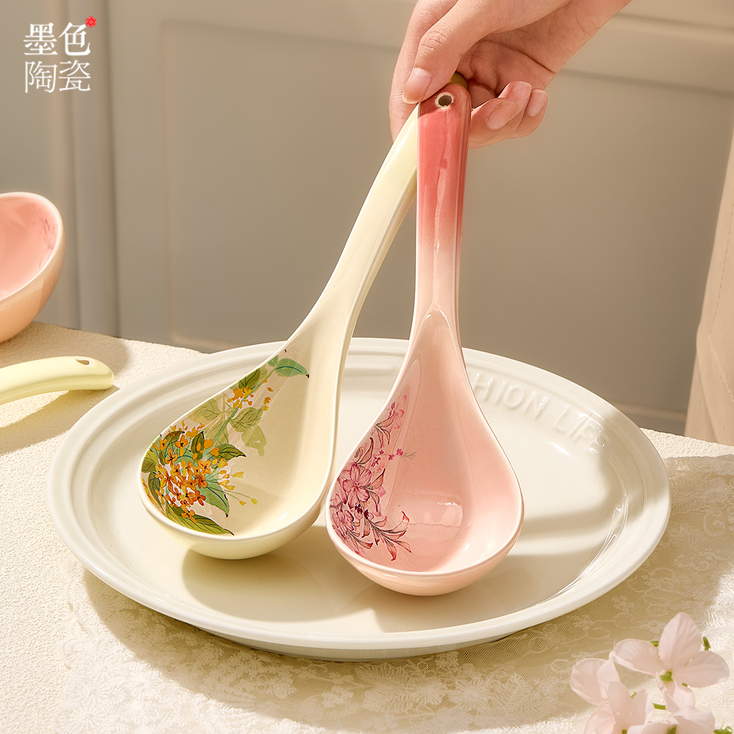 墨色十二花神陶瓷大汤勺子盛汤家用大号高颜值喝粥稀饭长柄勺汤匙