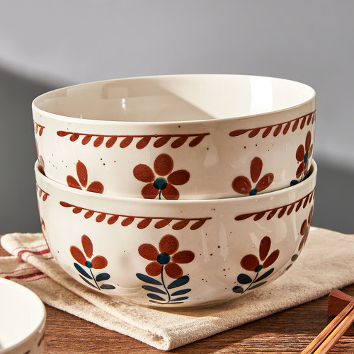 日式复古小花汤碗釉下彩大碗