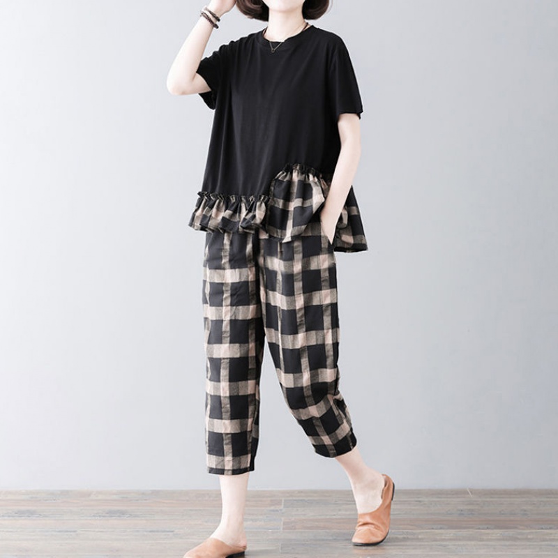 Casual suit women's summer fashion new Plaid loose size women's two pieces show thin