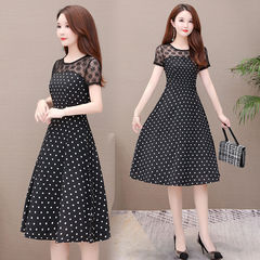 Large women's dress with polka dots women's summer new slim lace stitching temperament mid long dress mother's dress