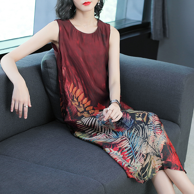 反季真丝连衣裙女2018新款大牌无袖中长款桑蚕丝妈妈大码阔太太