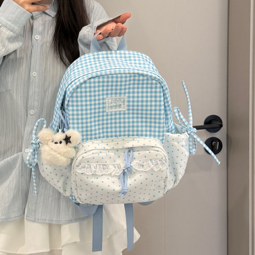 可爱格子波点小书包女学生小清新迷你双肩包蕾丝甜美少女轻便背包