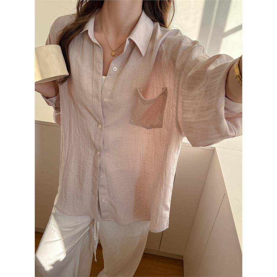亚麻夏季防晒衣服女士衬衫轻奢高级感长袖外穿薄款纯色宽松外套