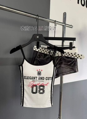甜酷辣妹风撞色字母印花吊带背心女夏季美式复古修身显瘦短款上衣