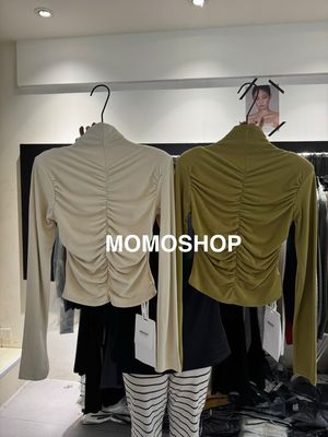 十三行2025新款法式高级感半高领磨毛长袖修身抽皱感纯色上衣