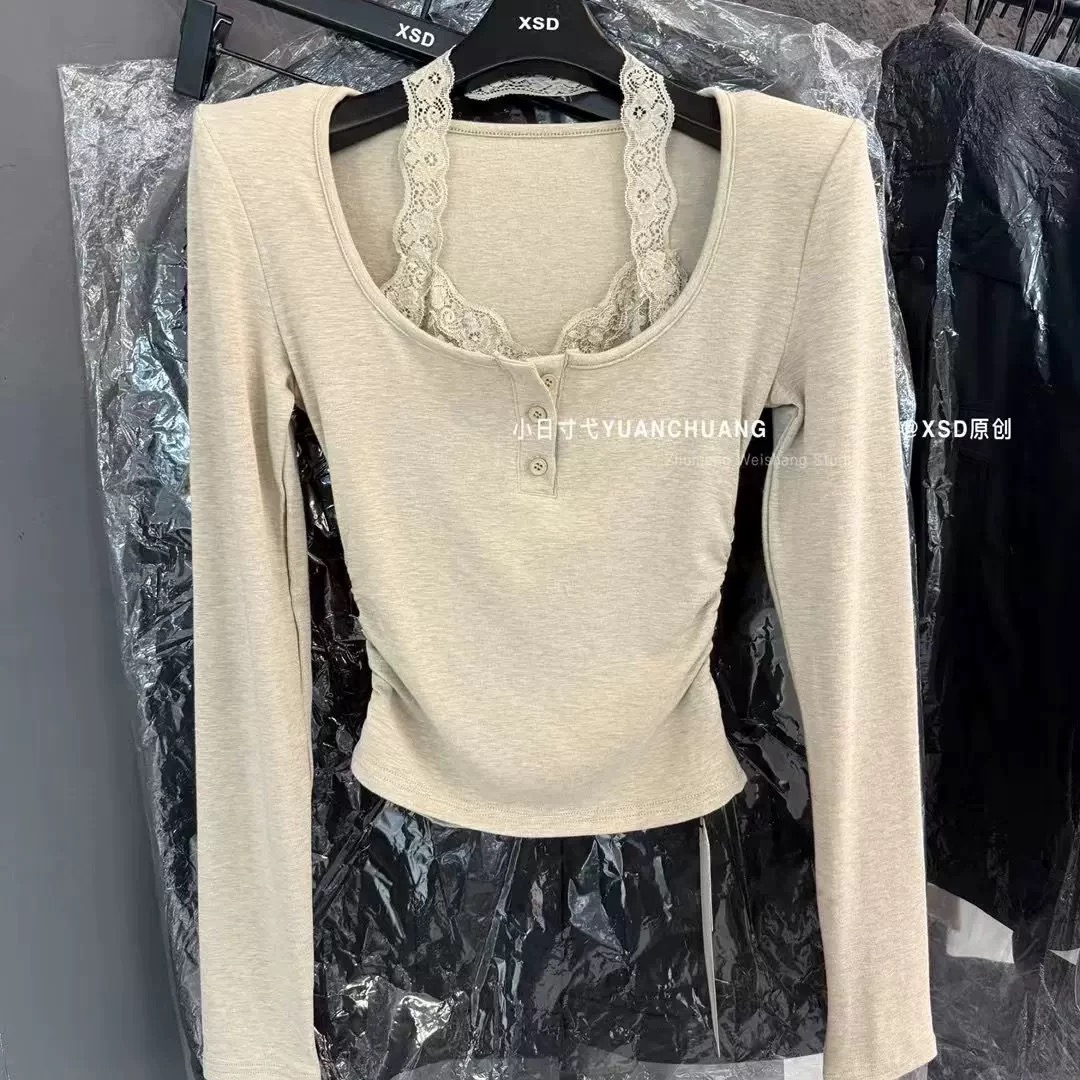 十三行2025秋冬新款磨毛设计感小众挂脖蕾丝拼接长袖T恤假两件女