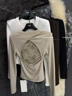 2026新款韩版纯欲显瘦蕾丝设计感圆领百搭T恤打底衫辣妹上衣女