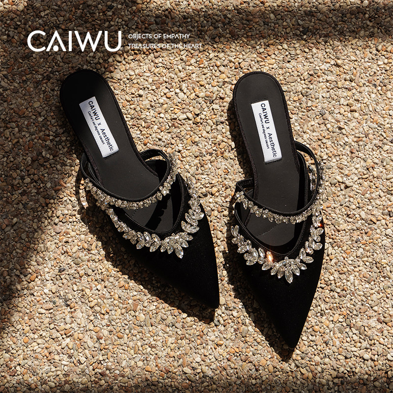 【彩物】墨缎星芒 真丝穆勒鞋2025新款尖头平底低跟包头凉鞋女,女鞋,穆勒鞋,淘宝优惠券,粉丝福利购,淘宝优惠卷