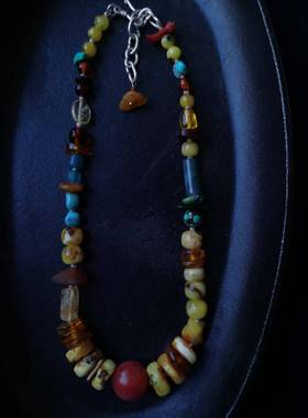 限量 手作复古南红蜜蜡绿松石多宝项链手链两用925银小众游牧民族