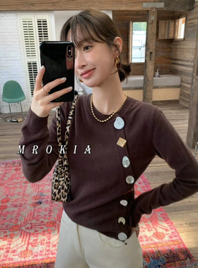 Laber Three秋冬新款羊毛衫女圆领斜扣针织开衫宽松显瘦毛衣外套