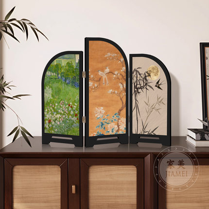 中古风墨竹花鸟小屏风客厅桌面摆件装饰品复古艺术玄关电视柜摆画