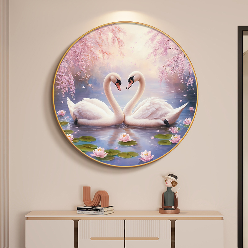 入户玄关装饰画高级感走廊过道圆形挂画客餐厅电视柜卧室壁画天鹅图片